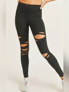 Mono B Black Laser-Shred High-Waist Leggings